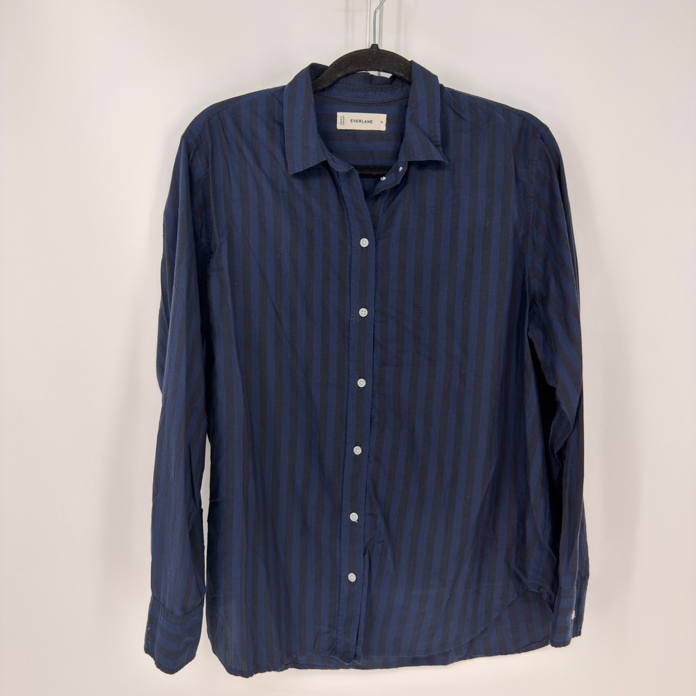 Everlane Button Down Women 12 Navy Blue Black Striped Supima Cotton Capsule Dark